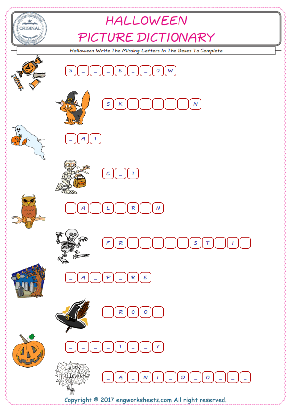  Type in the blank and learn the missing letters in the Halloween words given for kids English worksheet. 